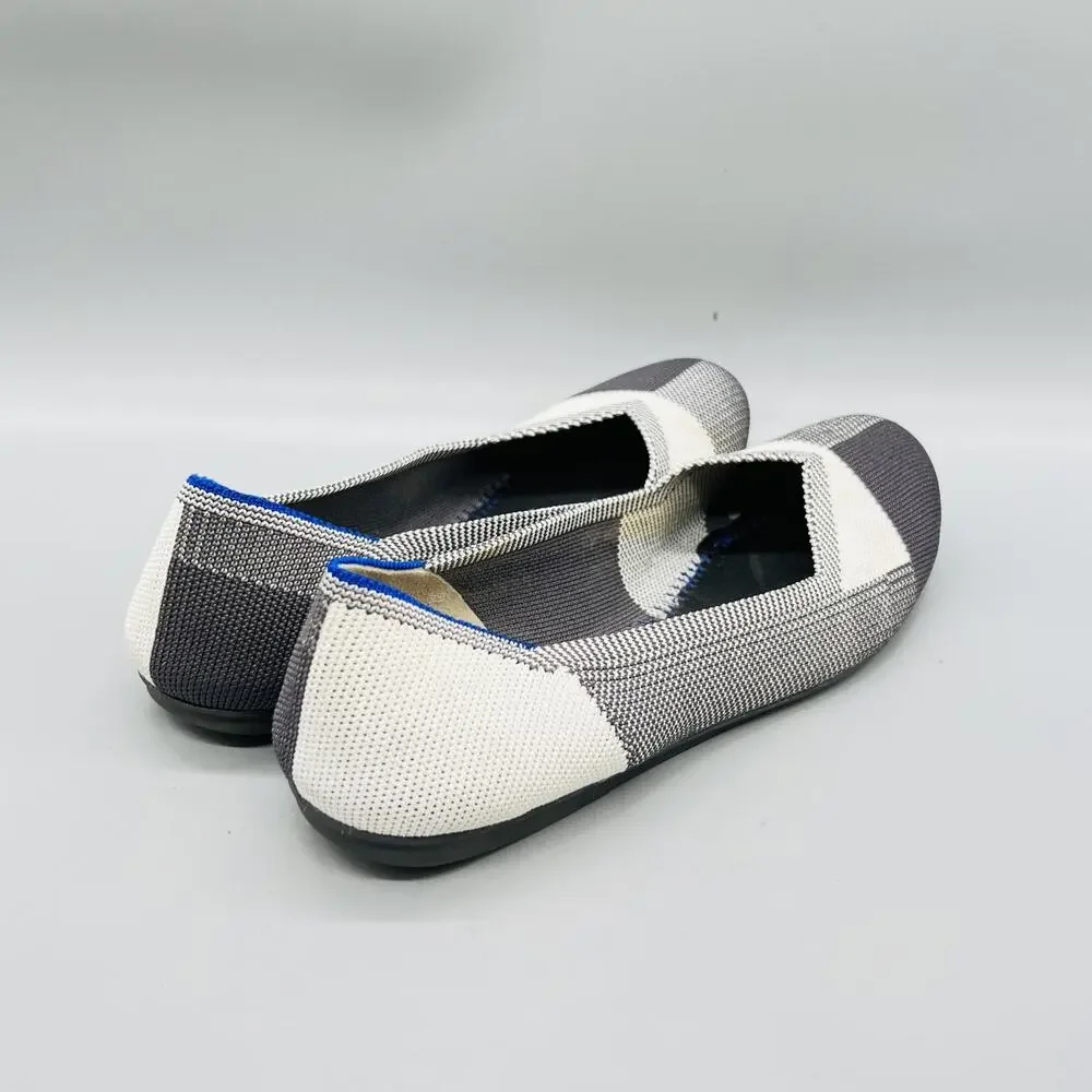 Rothy's Shoes Womens 8.5 Gray White Knit The Flat Ballet Flats Slip On Comfort